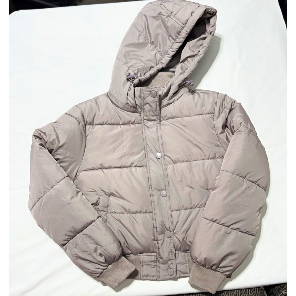 NWT Aeropostale Womens Hooded Puffer Jacket Coat XS Grey Taupe Snap Zip Full